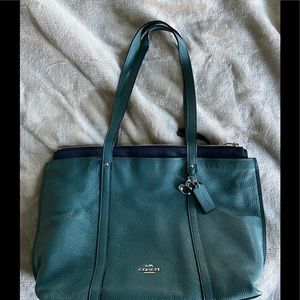 Coach shoulder tote, blue-green color.